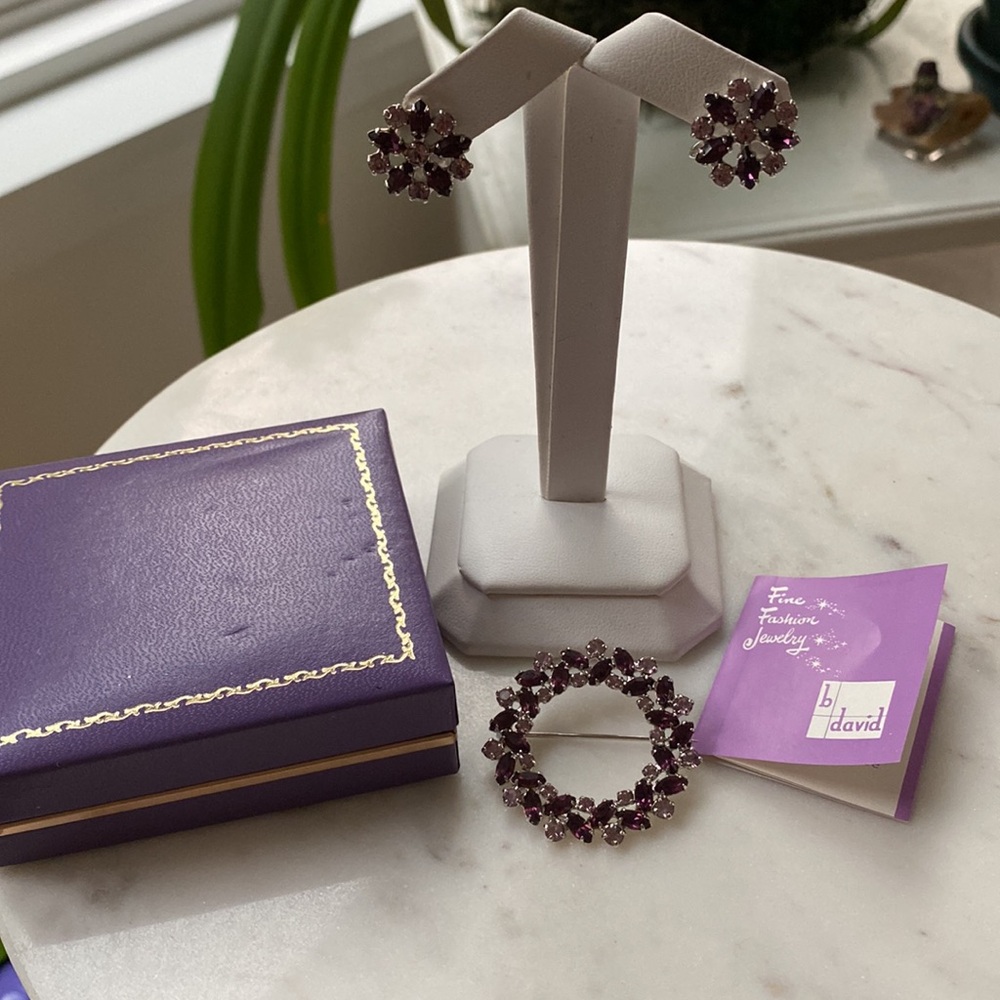 B. David Amethyst Glass Brooch and Earrings